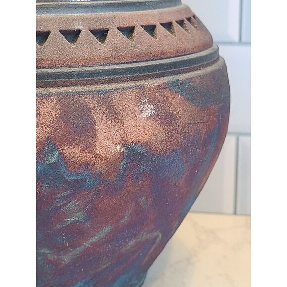 John Melkonian Raku Studio Pottery Vase Incised Triangle Design Signed 2010 EUC - Picture 15 of 16
